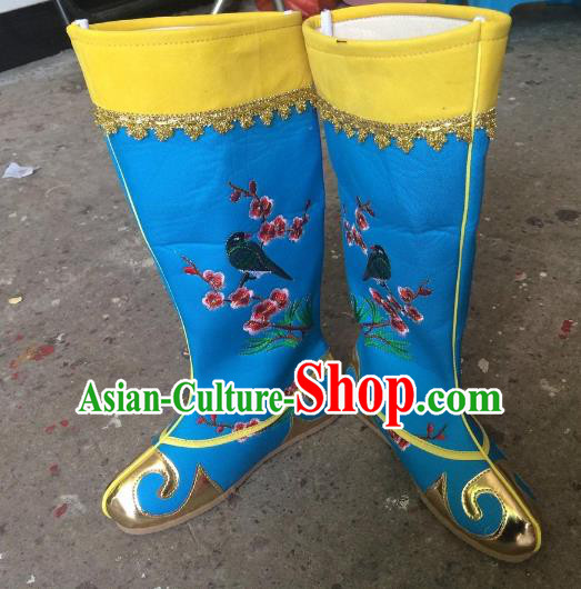 Traditional Chinese Ancient Peking Opera Emperor Embroidered Boots, China Handmade Hanfu Blue Embroidery Shoes for Men