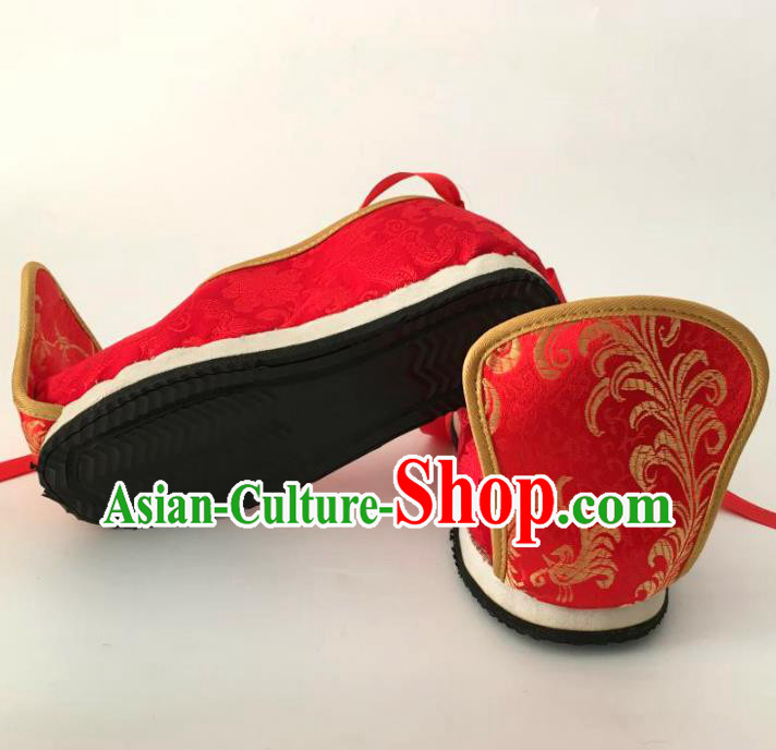 Traditional Chinese Ancient Han Dynasty Bridegroom Red Embroidered Shoes, China Handmade Hanfu Wedding Embroidery Shoes for Men