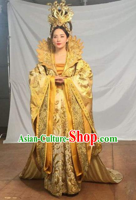 Traditional Ancient Chinese Tang Dynasty Imperial Empress Queen Embroidered Tailing Dress Costume and Headpiece Complete Set for Women