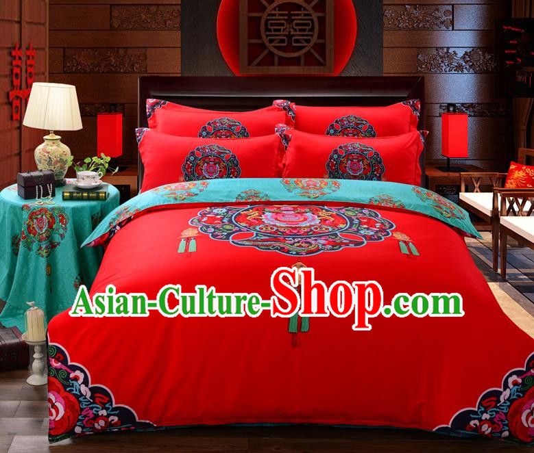 Traditional Chinese Style Wedding Bedding Set, China National Printing Red Textile Bedding Sheet Quilt Cover Complete Set