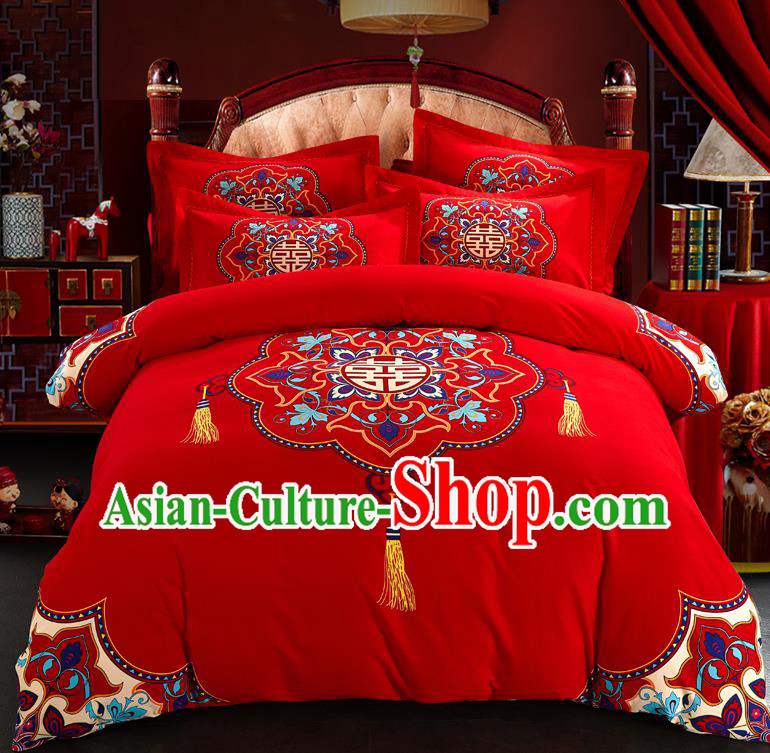 Traditional Chinese Style Wedding Bedding Set, China National Printing Character Xi Red Textile Bedding Sheet Quilt Cover Complete Set