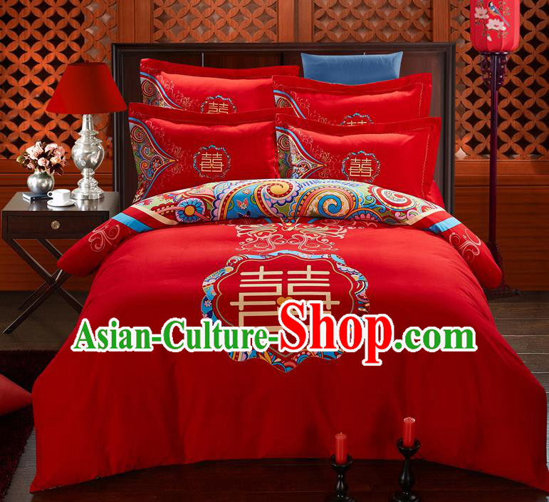 Traditional Chinese Style Wedding Bedding Set, China National Printing Character Xi Red Textile Bedding Sheet Quilt Cover Complete Set