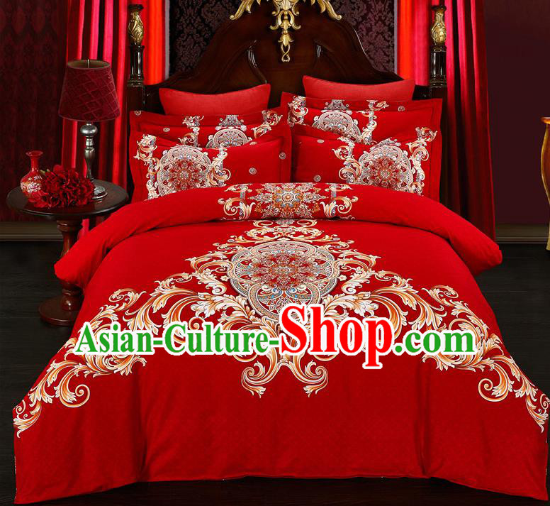 Traditional Chinese Style Wedding Bedding Set, China National Printing Red Textile Bedding Sheet Quilt Cover Complete Set