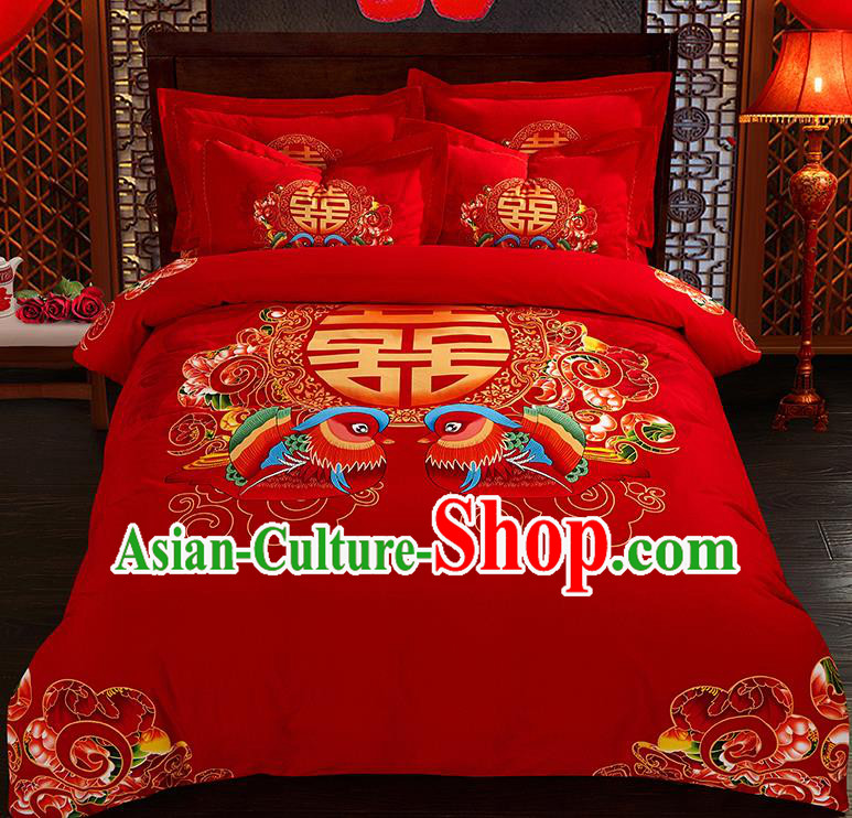 Traditional Chinese Style Wedding Bedding Set, China National Printing Mandarin Duck Red Textile Bedding Sheet Quilt Cover Complete Set