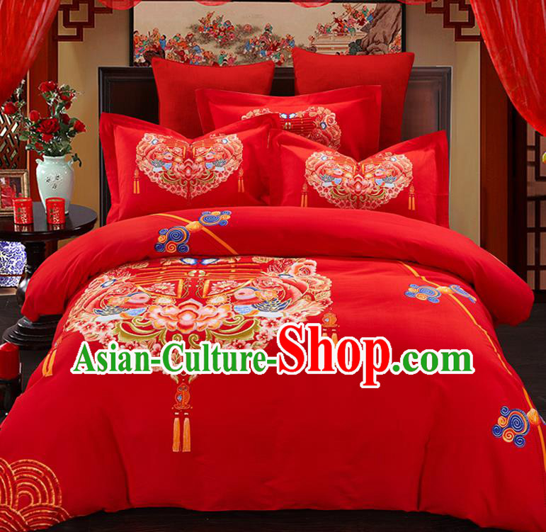 Traditional Chinese Style Wedding Bedding Set, China National Printing Peony Red Textile Bedding Sheet Quilt Cover Complete Set