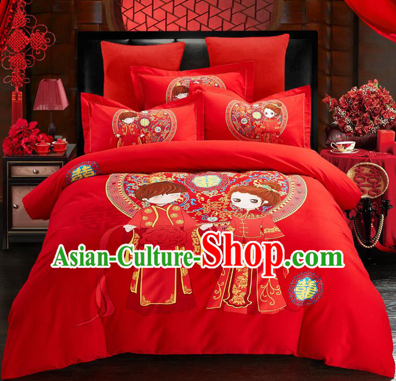 Traditional Chinese Style Wedding Bedding Set, China National Marriage Printing Red Textile Bedding Sheet Quilt Cover Complete Set