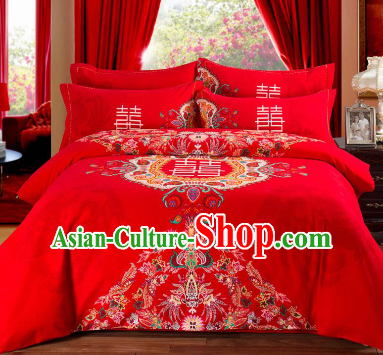 Traditional Chinese Style Wedding Bedding Set, China National Marriage Printing Red Textile Bedding Sheet Quilt Cover Complete Set