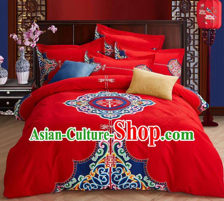 Traditional Chinese Style Wedding Bedding Set, China National Marriage Printing Xi Character Red Textile Bedding Sheet Quilt Cover Complete Set