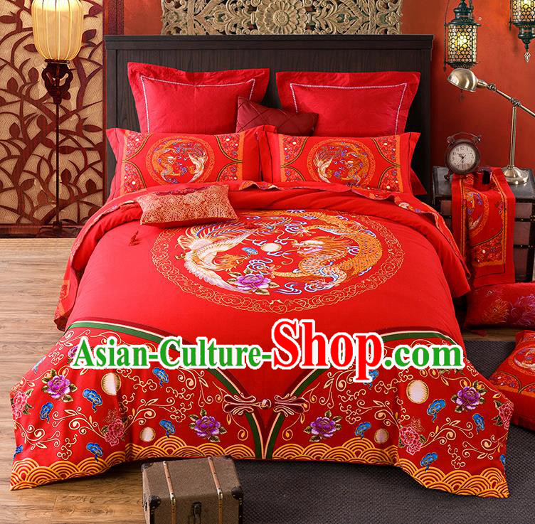 Traditional Chinese Style Wedding Bedding Set, China National Marriage Printing Dragon and Phoenix Flowers Red Textile Bedding Sheet Quilt Cover Complete Set