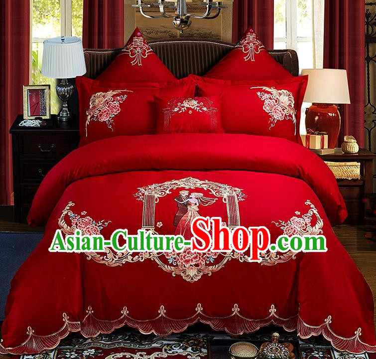 Traditional Chinese Style Wedding Bedding Set, China National Marriage Embroidery Love Couple Red Textile Bedding Sheet Quilt Cover Seven-piece suit