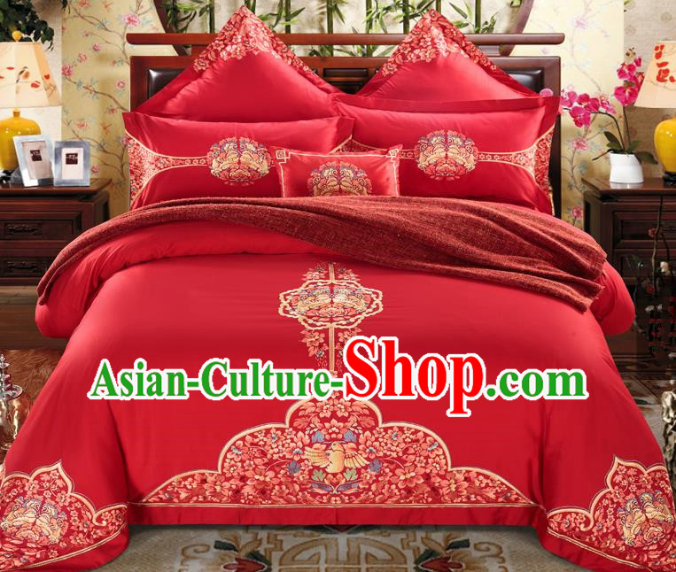 Traditional Chinese Style Wedding Bedding Set, China National Marriage Embroidery Red Textile Bedding Sheet Quilt Cover Seven-piece suit