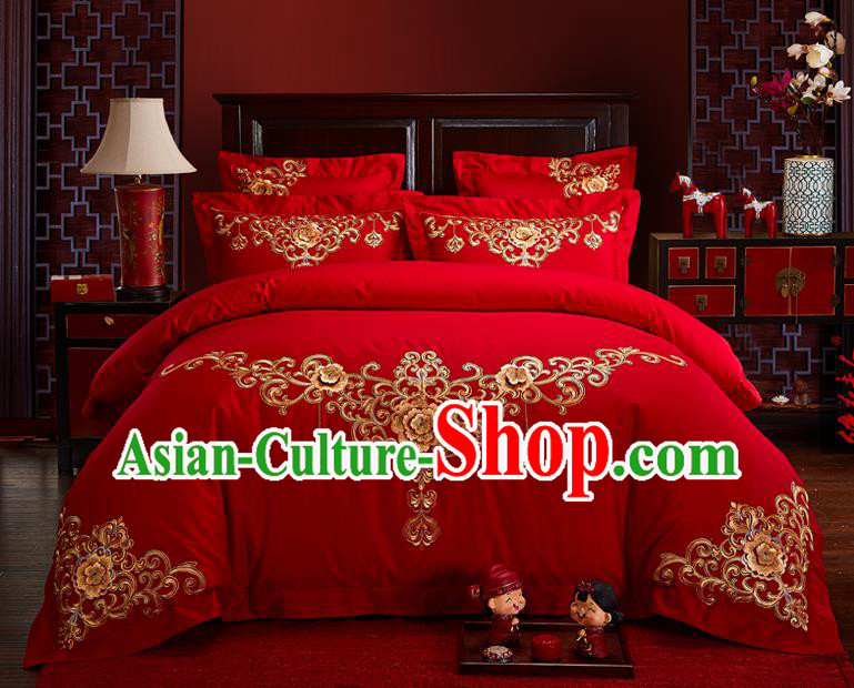 Traditional Chinese Style Wedding Bedding Set, China National Marriage Embroidery Red Textile Bedding Sheet Quilt Cover Seven-piece suit