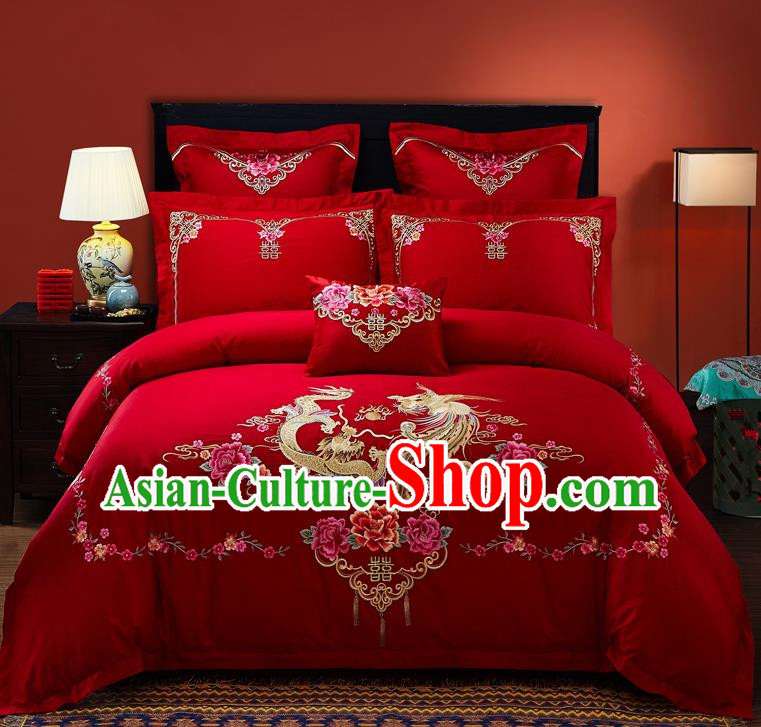 Traditional Chinese Style Wedding Bedding Set, China National Marriage Embroidery Twin Bliss Red Textile Bedding Sheet Quilt Cover Seven-piece suit