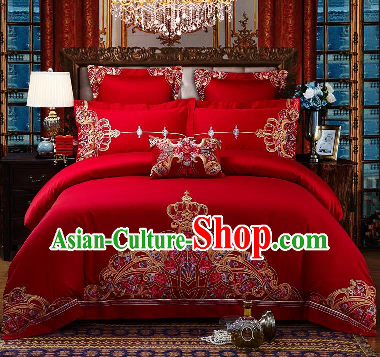 Traditional Chinese Style Wedding Bedding Set, China National Marriage Embroidery Red Textile Bedding Sheet Quilt Cover Seven-piece suit