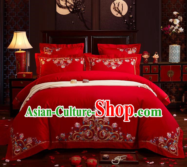 Traditional Chinese Style Wedding Bedding Set, China National Marriage Embroidery Red Textile Bedding Sheet Quilt Cover Seven-piece suit