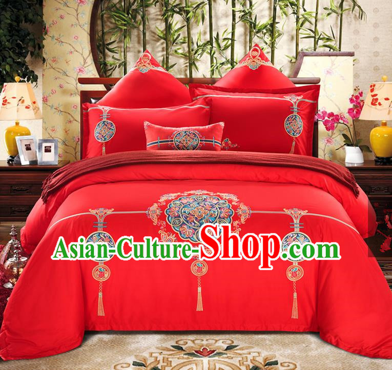 Traditional Chinese Style Wedding Bedding Set, China National Marriage Embroidery Red Textile Bedding Sheet Quilt Cover Seven-piece suit