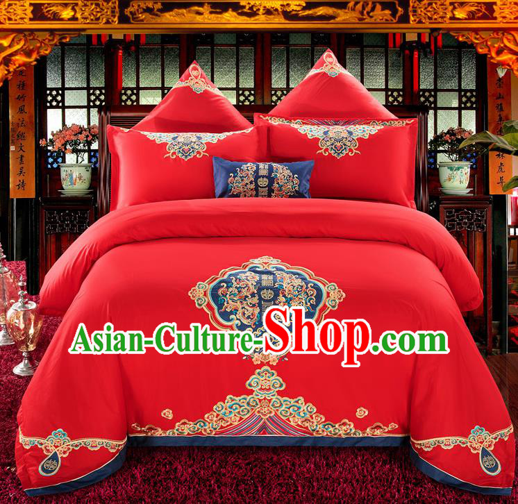 Traditional Chinese Style Wedding Bedding Set, China National Marriage Embroidery Twin Bliss Red Textile Bedding Sheet Quilt Cover Seven-piece suit