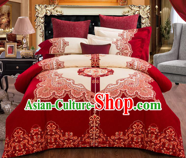 Traditional Chinese Style Wedding Bedding Set, China National Marriage Embroidery Wine Red Textile Bedding Sheet Quilt Cover Seven-piece suit