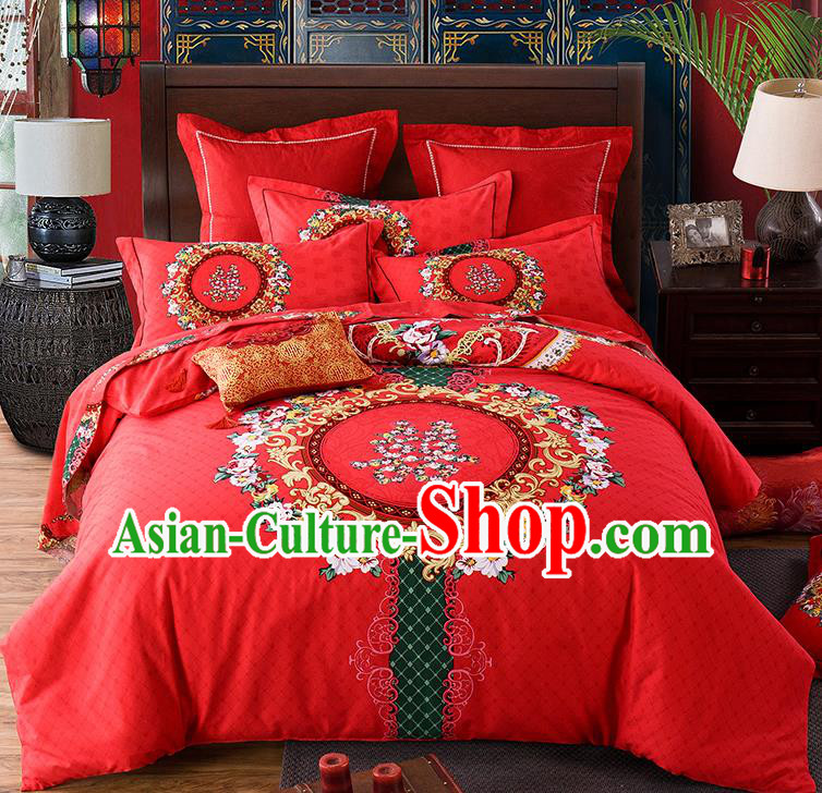 Traditional Chinese Style Wedding Bedding Set, China National Marriage Printing Flowers Red Textile Bedding Sheet Quilt Cover Seven-piece suit