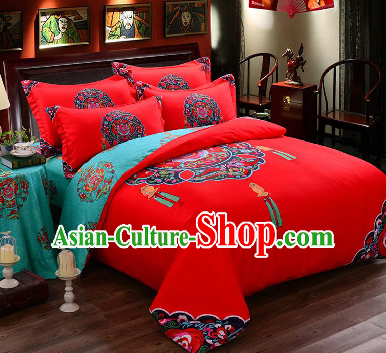 Traditional Chinese Style Wedding Bedding Set, China National Marriage Printing Red Textile Bedding Sheet Quilt Cover Seven-piece suit