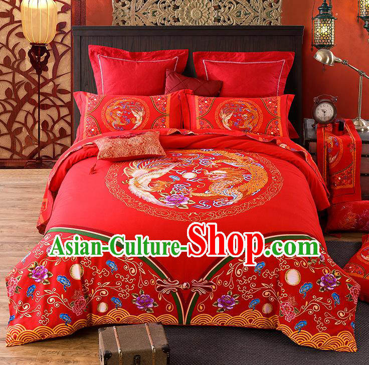 Traditional Chinese Style Wedding Bedding Set, China National Marriage Printing Dragon and Phoenix Red Textile Bedding Sheet Quilt Cover Seven-piece suit