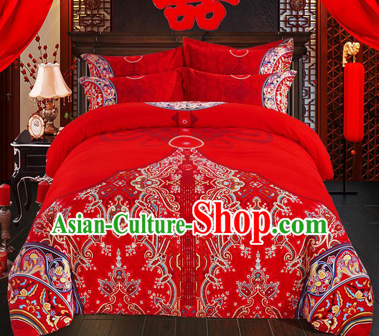 Traditional Chinese Style Wedding Bedding Set, China National Marriage Printing Flowers Red Textile Bedding Sheet Quilt Cover Seven-piece suit