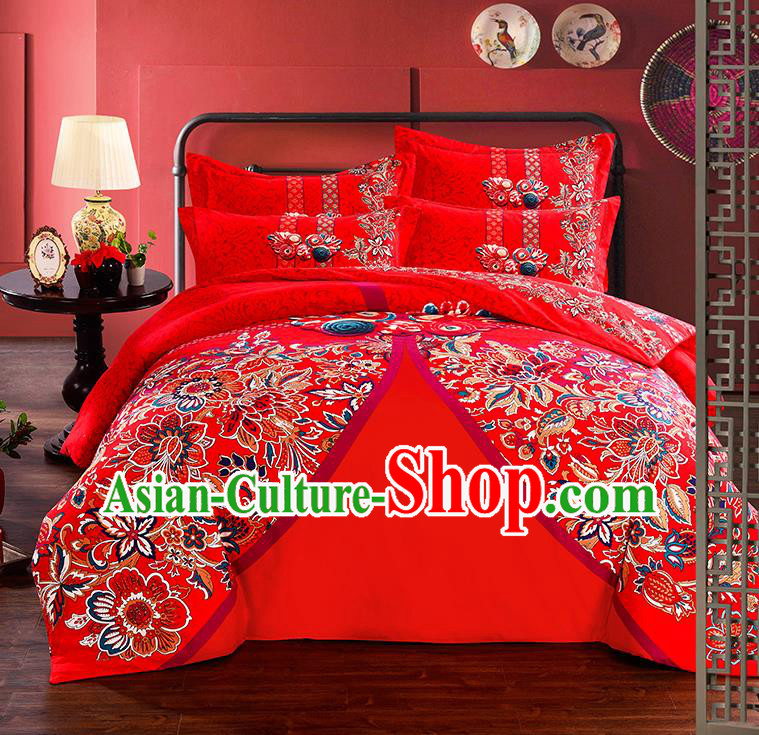 Traditional Chinese Style Wedding Bedding Set, China National Marriage Printing Flowers Red Textile Bedding Sheet Quilt Cover Seven-piece suit