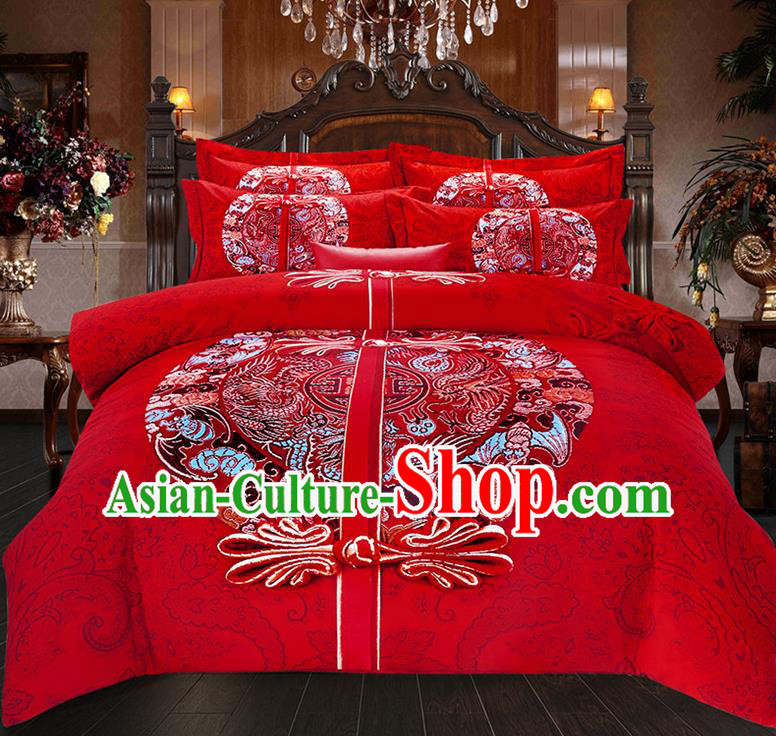 Traditional Chinese Style Wedding Bedding Set, China National Marriage Printing Plated Buttons Red Textile Bedding Sheet Quilt Cover Seven-piece suit