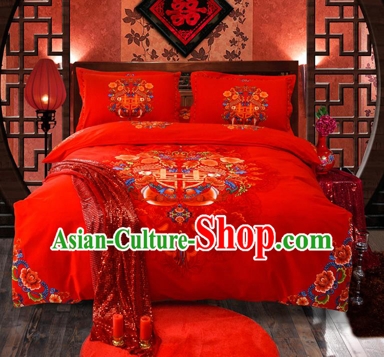 Traditional Chinese Style Wedding Bedding Set, China National Marriage Printing Mandarin Duck Peony Red Textile Bedding Sheet Quilt Cover Seven-piece suit