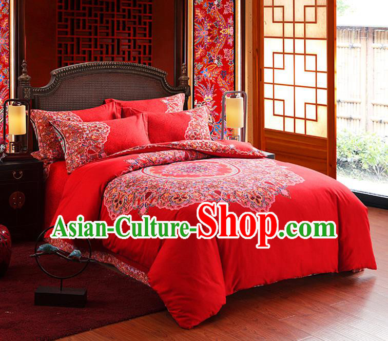 Traditional Chinese Style Wedding Bedding Set, China National Marriage Printing Flowers Red Textile Bedding Sheet Quilt Cover Seven-piece suit