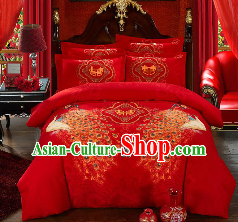 Traditional Chinese Style Wedding Bedding Set, China National Marriage Printing Peacock Red Textile Bedding Sheet Quilt Cover Seven-piece suit