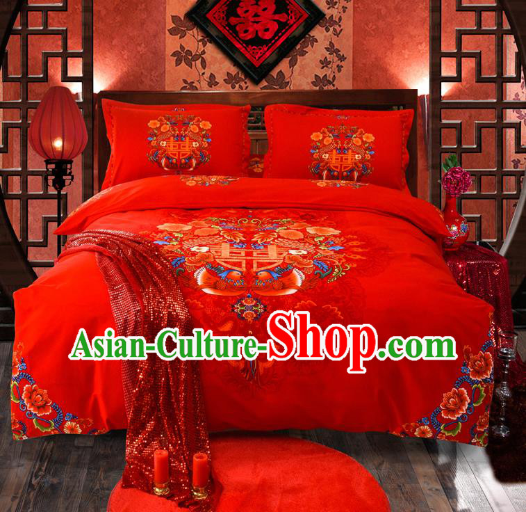 Traditional Chinese Style Wedding Bedding Set, China National Marriage Printing Mandarin Duck Red Satin Textile Bedding Sheet Quilt Cover Four-piece suit