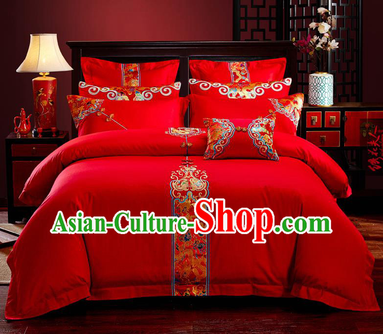 Traditional Chinese Style Wedding Bedding Set, China National Marriage Embroidery Red Textile Bedding Sheet Quilt Cover Six-piece suit