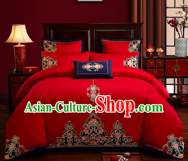 Traditional Chinese Style Wedding Bedding Set, China National Marriage Embroidery Red Textile Bedding Sheet Quilt Cover Seven-piece suit