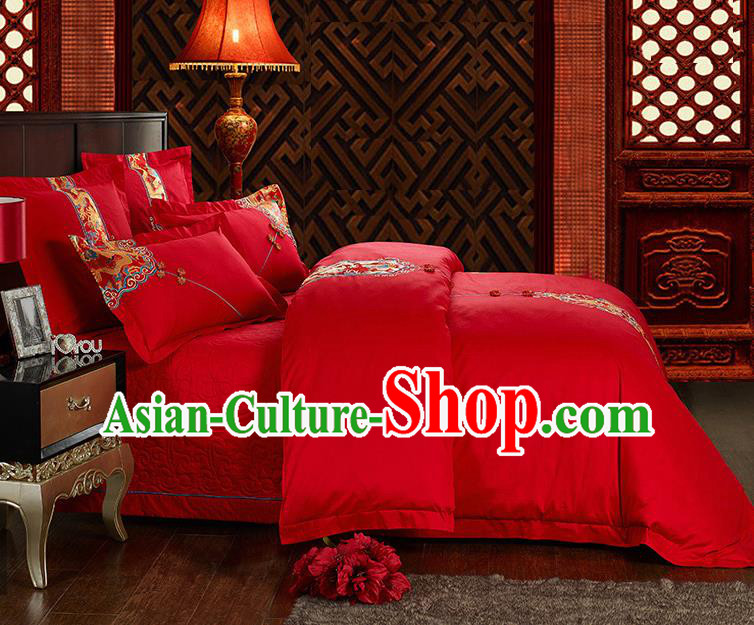 Traditional Chinese Style Wedding Bedding Set, China National Marriage Embroidery Dragon Red Textile Bedding Sheet Quilt Cover Six-piece suit