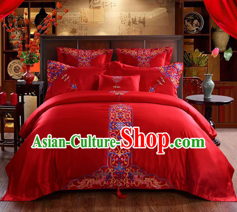 Traditional Chinese Style Wedding Bedding Set, China National Marriage Embroidery Flowers Red Textile Bedding Sheet Quilt Cover Six-piece suit