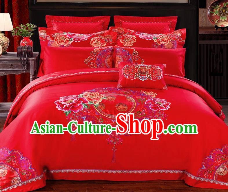 Traditional Chinese Style Wedding Bedding Set, China National Marriage Embroidery Peony Red Textile Bedding Sheet Quilt Cover Ten-piece suit