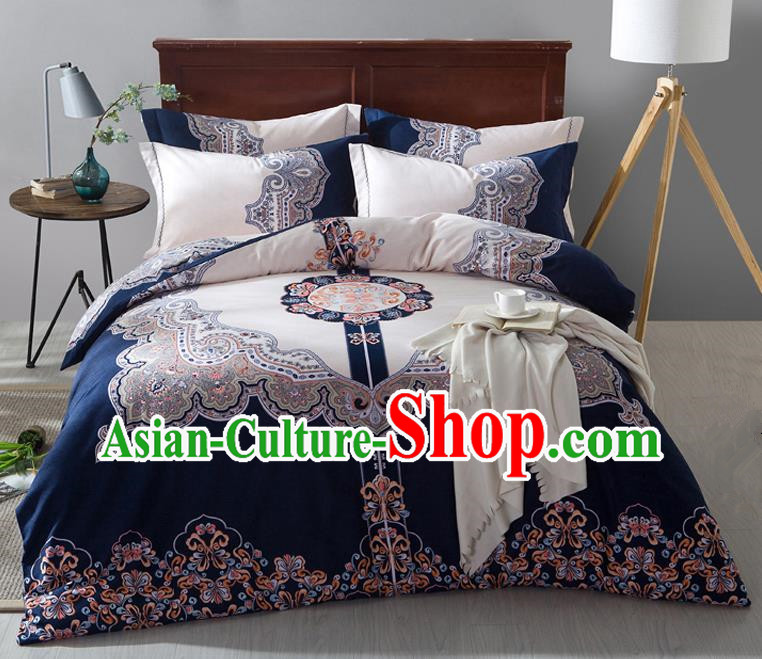 Traditional Chinese Style Wedding Bedding Set, China National Marriage Printing Blue Textile Bedding Sheet Quilt Cover Four-piece suit