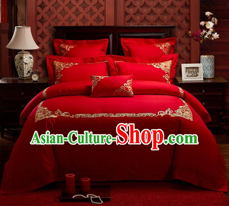 Traditional Chinese Style Wedding Bedding Set, China National Marriage Embroidery Red Textile Bedding Sheet Quilt Cover Seven-piece suit