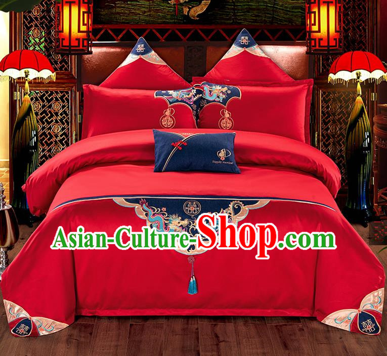 Traditional Chinese Style Wedding Bedding Set, China National Marriage Printing Red Textile Bedding Sheet Quilt Cover Four-piece suit