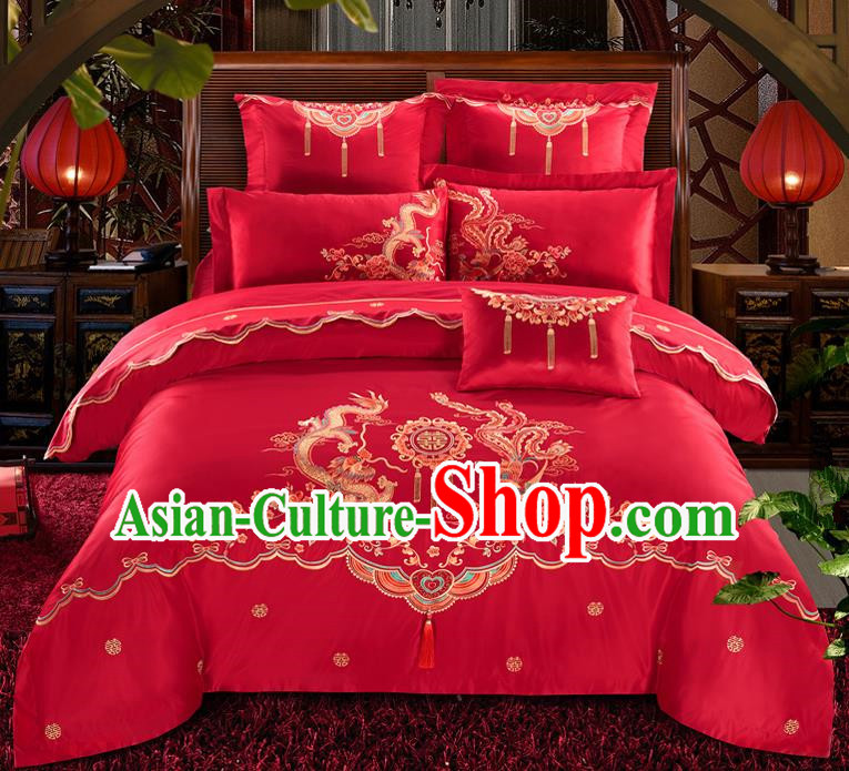 Traditional Chinese Style Wedding Bedding Set, China National Marriage Printing Dragon and Phoenix Red Textile Bedding Sheet Quilt Cover Seven-piece suit