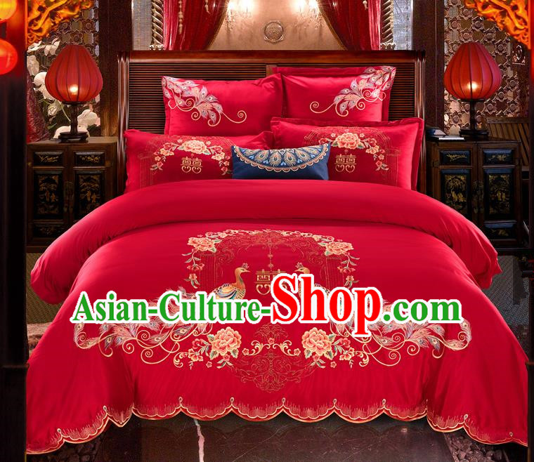 Traditional Chinese Style Wedding Bedding Set, China National Marriage Printing Peacock Red Textile Bedding Sheet Quilt Cover Seven-piece suit