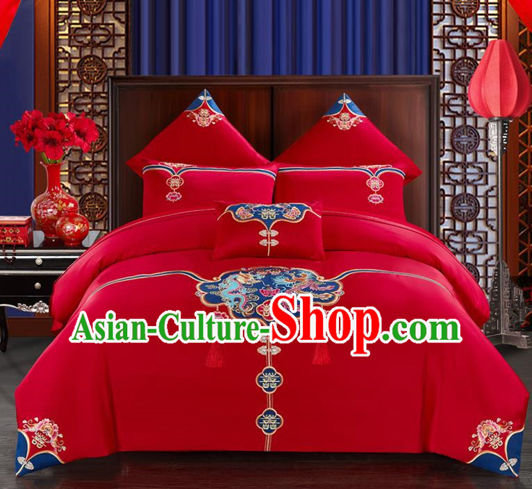 Traditional Chinese Style Wedding Bedding Set, China National Marriage Printing Twin Bliss Red Textile Bedding Sheet Quilt Cover Seven-piece suit