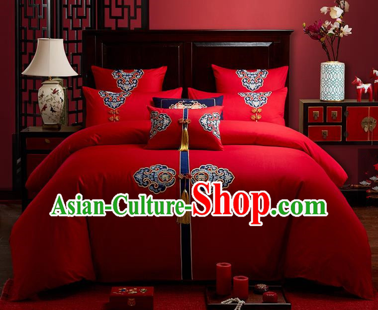 Traditional Chinese Style Wedding Bedding Set, China National Marriage Embroidery Tassel Red Textile Bedding Sheet Quilt Cover Seven-piece suit