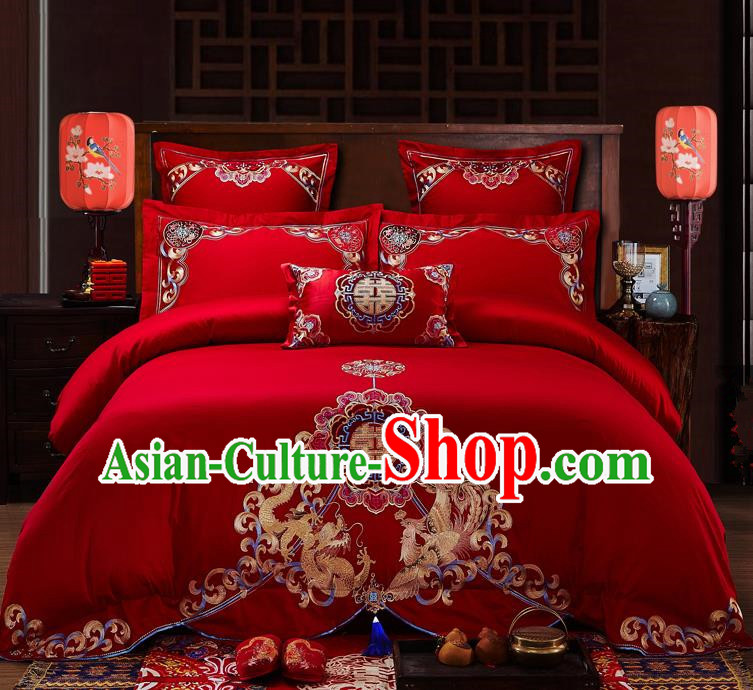 Traditional Chinese Style Wedding Bedding Set, China National Marriage Embroidery Dragon and Phoenix Red Textile Bedding Sheet Quilt Cover Seven-piece suit