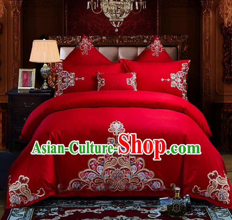 Traditional Chinese Style Wedding Bedding Set, China National Marriage Embroidery Flowers Red Textile Bedding Sheet Quilt Cover Seven-piece suit