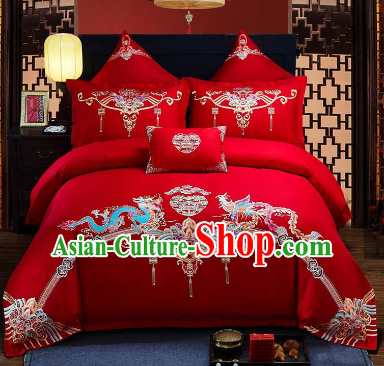 Traditional Chinese Style Wedding Bedding Set, China National Marriage Embroidery Dragon and Phoenix Red Textile Bedding Sheet Quilt Cover Seven-piece suit