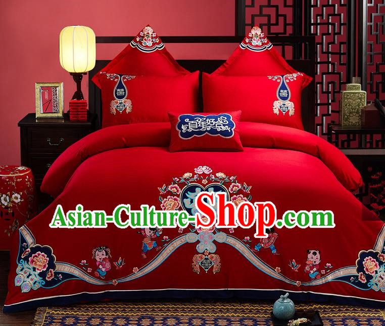 Traditional Chinese Style Wedding Bedding Set, China National Marriage Embroidery Love for All Seasons Red Textile Bedding Sheet Quilt Cover Seven-piece suit