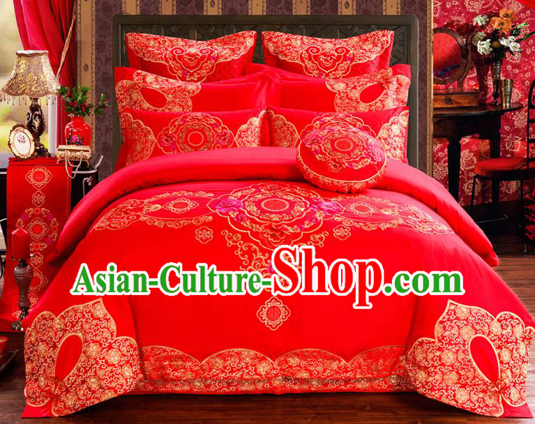 Traditional Chinese Style Marriage Bedding Set Embroidered Magpie Wedding Red Satin Drill Textile Bedding Sheet Quilt Cover Ten-piece Suit