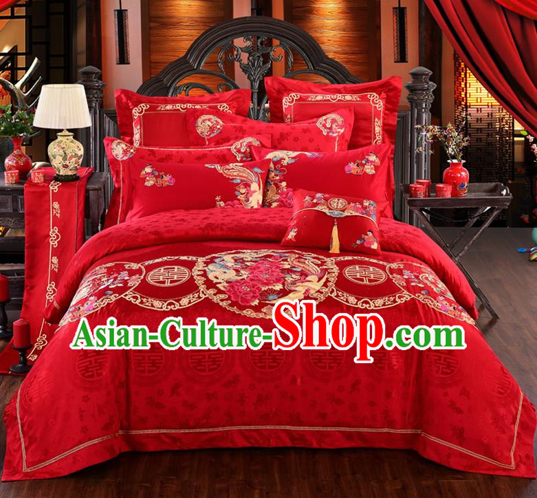 Traditional Chinese Style Marriage Bedding Set Embroidered Phoenix Peony Wedding Celebration Red Satin Drill Textile Bedding Sheet Quilt Cover Ten-piece Suit